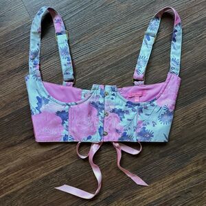 Dolls Kill SUGAR THRILLZ S Underbust Corset Lace Up Pink Floral Bustier Small